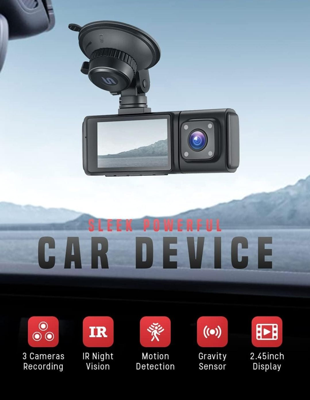 iiwey 1080P Front and Rear Inside Dash Cam 3 Channel, Three Way Car Dash Camera with IR Night Vision, 2.45 Inch IPS Screen, 24H Parking Monitor, Motion Detection for Uber Taxi Driver