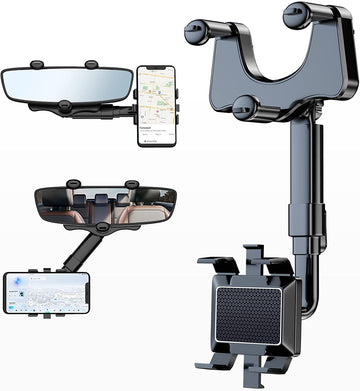 Car Phone Holder Rear View Mirror Mount Rotatable & Retractable Cell Stand Multifunctional Cradle Hands Free Fit All Mobiles Phones